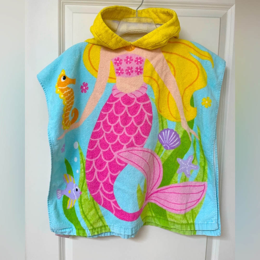 Mermaid Hooded Beach Poncho Cover-Up - Vacation Swim Beach - 100% Cotton - 5-7Y